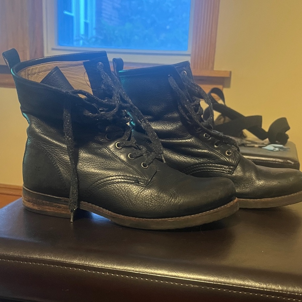 Frye Black Leather Combat Boots